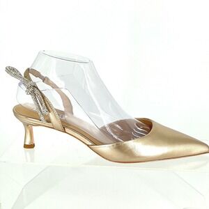 Badgley Mischka Size 8 Champagne Gold Leather Rhinestone Bow Kitten Heel NEW$255